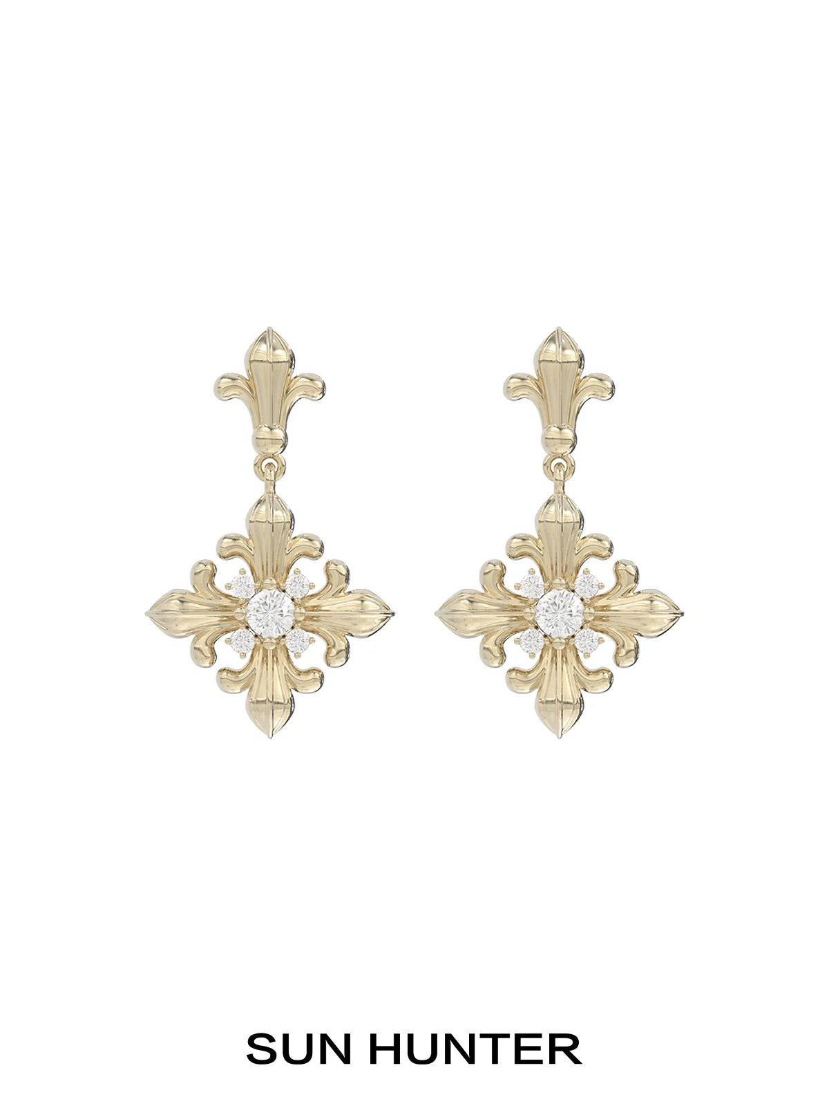 Unique floral drop earrings by SUN HUNTER featuring an elegant gold design with a sparkling center stone