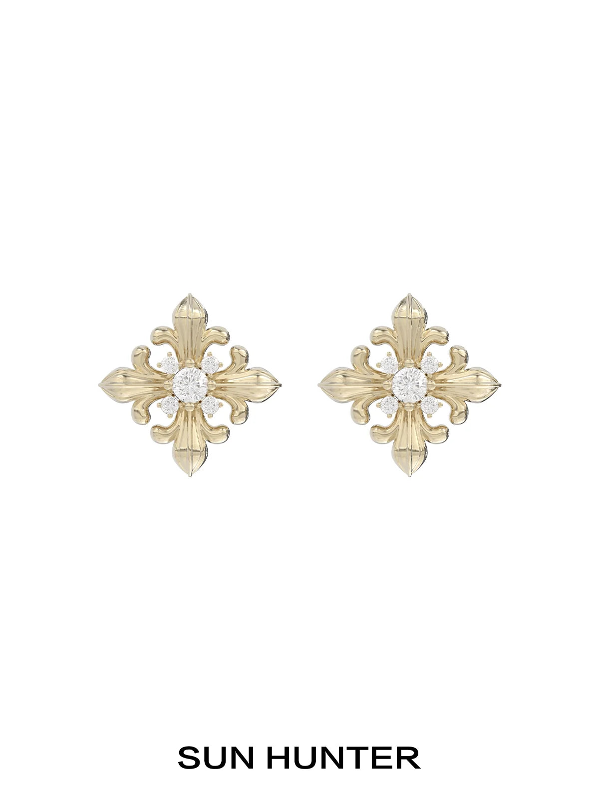 SUN HUNTER unique square stud earrings in gold with intricate floral design and sparkling center stone