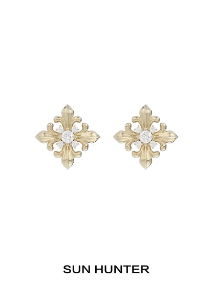 SUN HUNTER unique square stud earrings in gold with intricate floral design and sparkling center stone