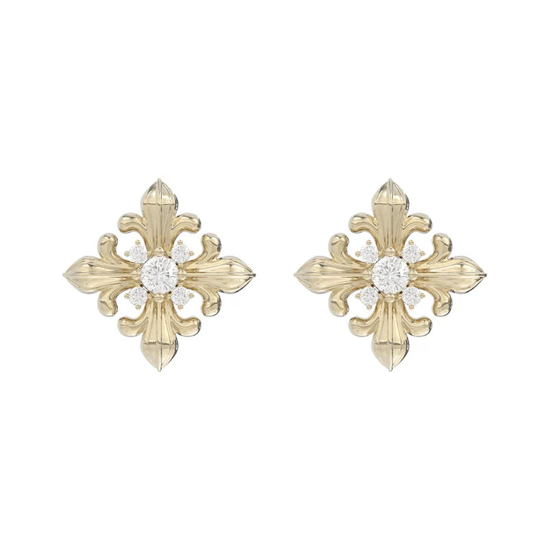 SUN HUNTER unique square stud earrings featuring intricate floral design with sparkling stones
