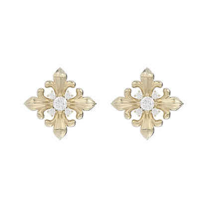 SUN HUNTER unique square stud earrings featuring intricate floral design with sparkling stones