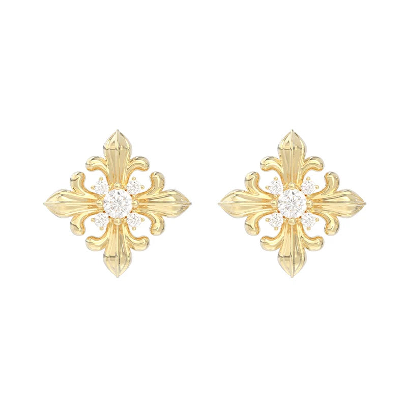 SUN HUNTER unique square stud earrings with intricate floral design and sparkling center stones