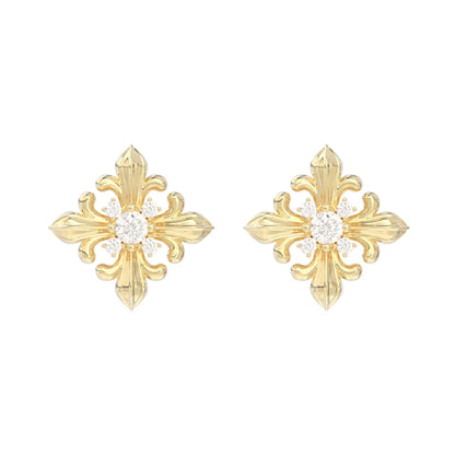 SUN HUNTER unique square stud earrings with intricate floral design and sparkling center stones