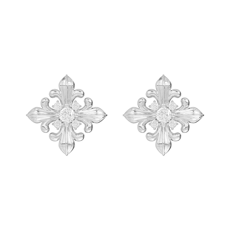 SUN HUNTER unique square stud earrings with intricate floral design and sparkling center stone