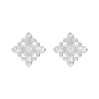 SUN HUNTER unique square stud earrings with intricate floral design and sparkling center stone