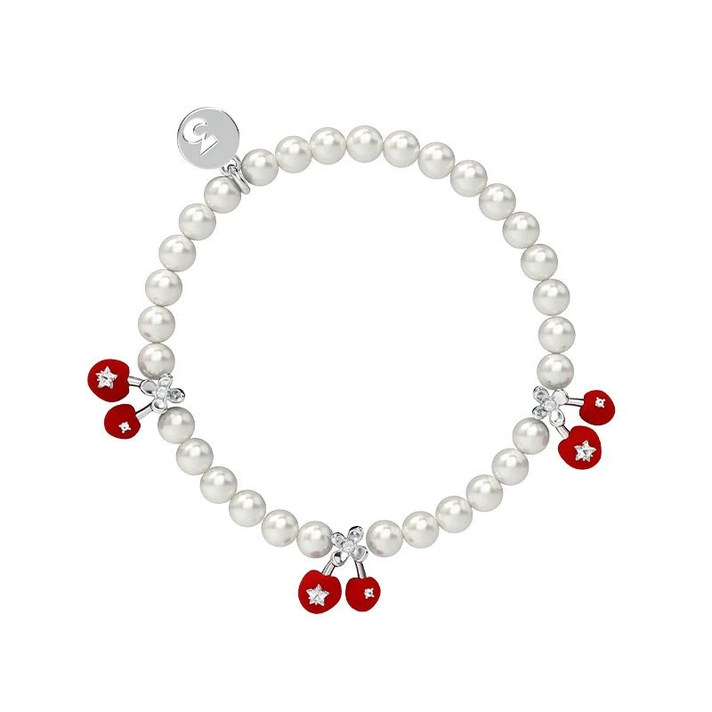 SUN HUNTER velvet cherry pearl bracelet with red cherry charms and white pearls for elegant styling