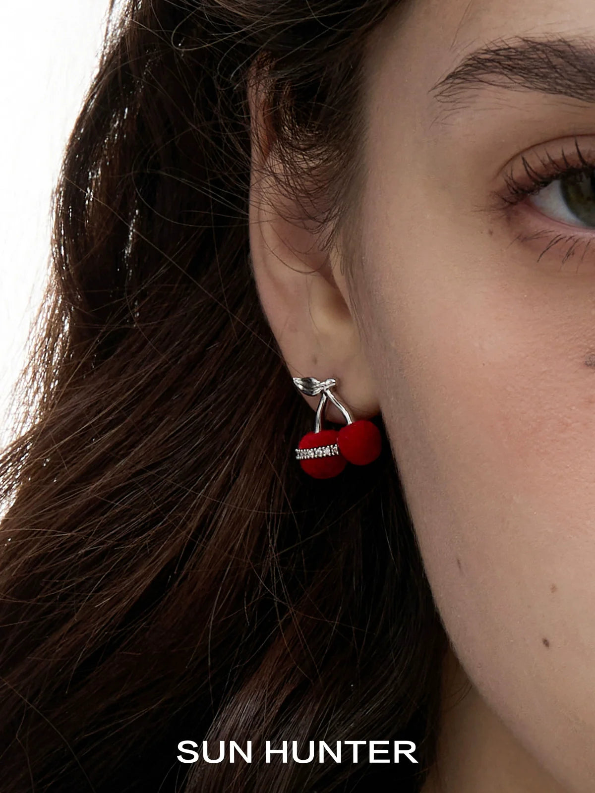 SUN HUNTER velvet cherry stud earrings with a unique bow design, perfect for stylish outfits