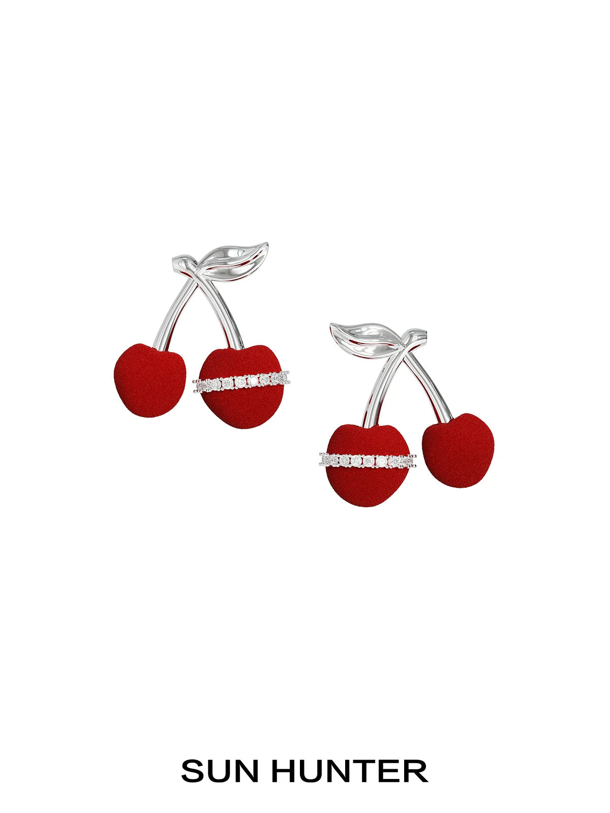 SUN HUNTER velvet cherry stud earrings with silver detailing and a stylish design