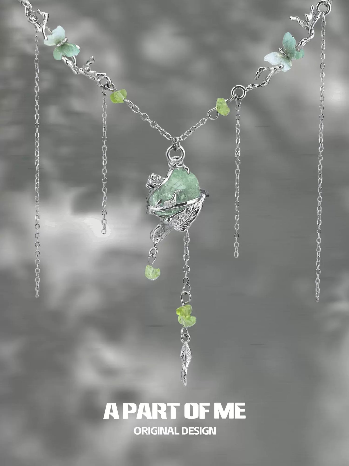 A PART OF ME forest fairy fluorite necklace with silver chains and delicate green accents