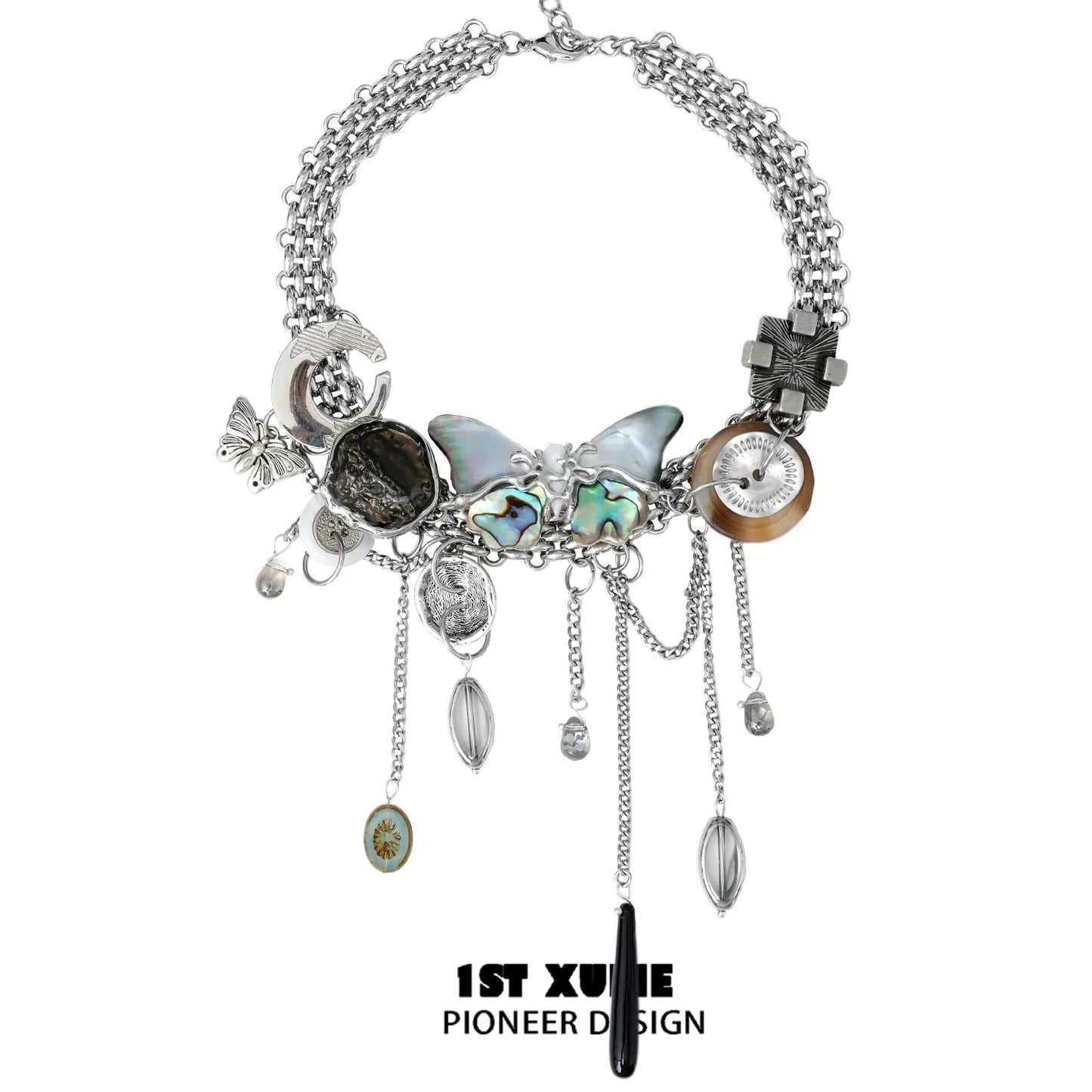 Unique vintage butterfly necklace with diverse charms and silver-tone chains for a stylish look