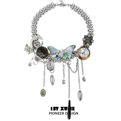 Unique vintage butterfly necklace with diverse charms and silver-tone chains for a stylish look