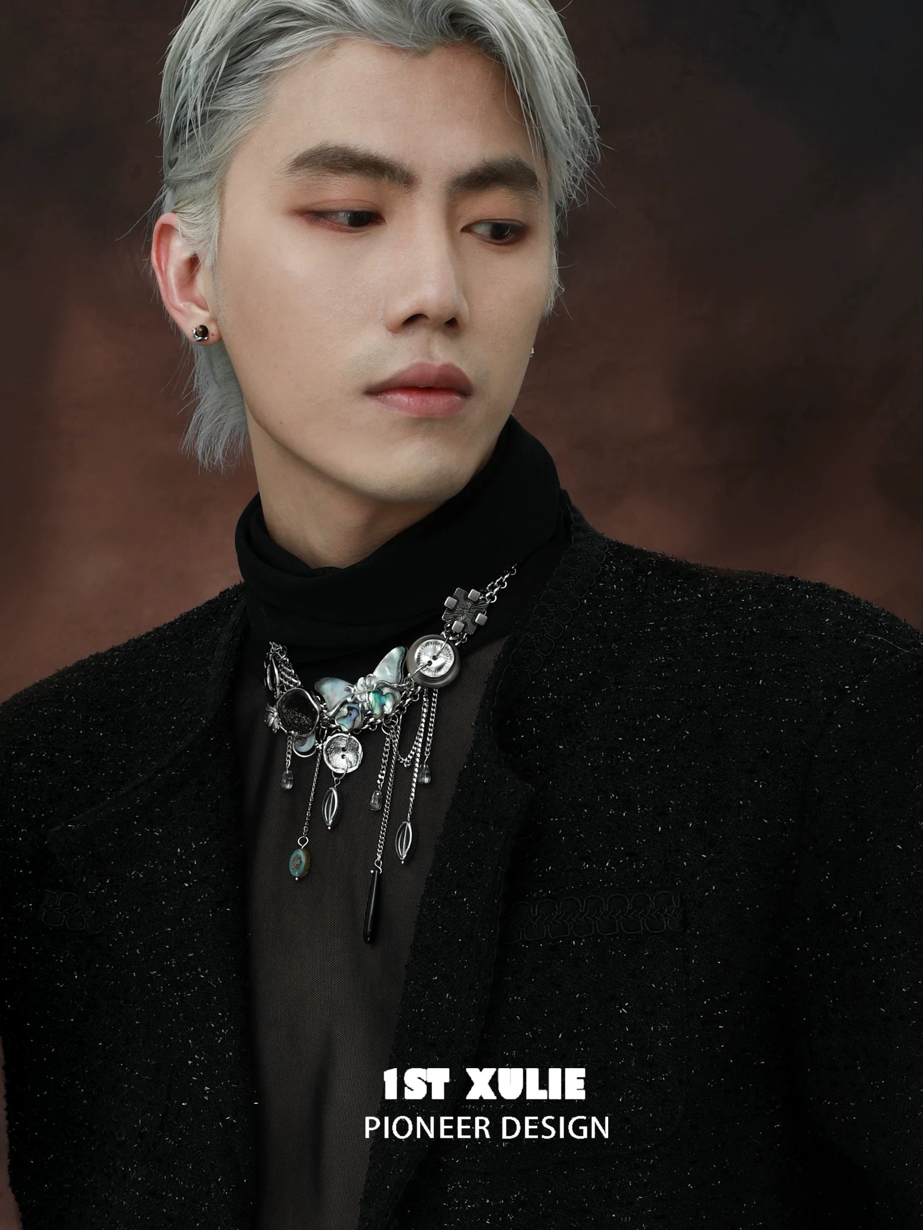 Stylish model wearing a unique vintage butterfly necklace with intricate design details