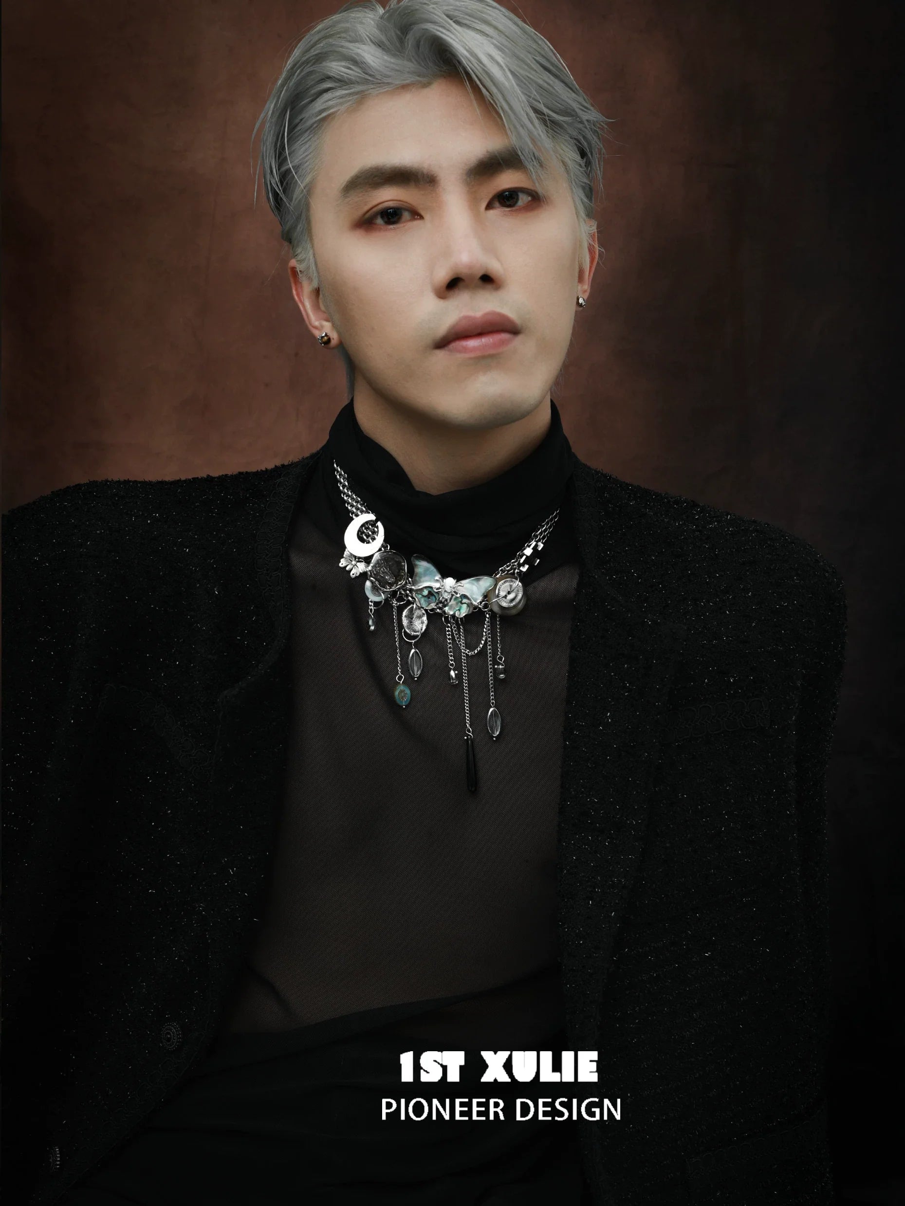 Model wearing a vintage butterfly necklace from 1ST XULIE with intricate designs and vibrant colors