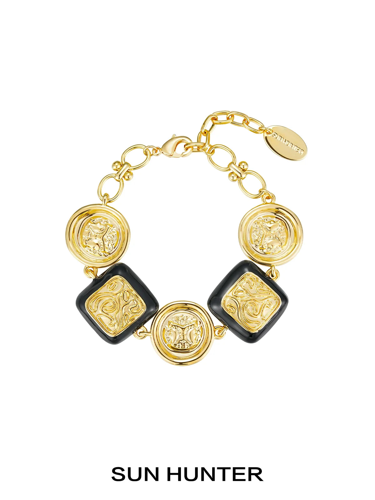 SUN HUNTER vintage coin bracelet featuring ornate gold coins and black accents for a stylish look