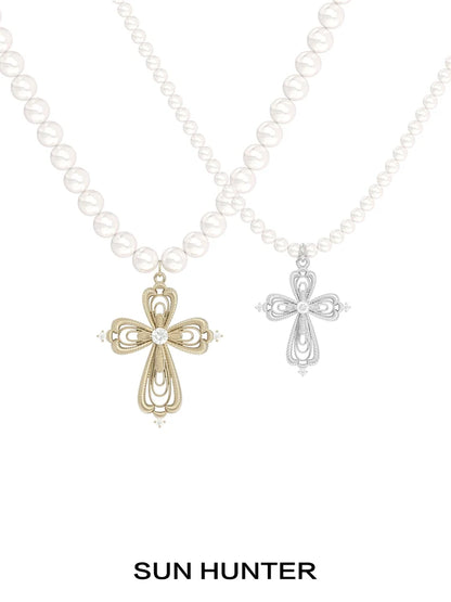 SUN HUNTER vintage cross pearl necklace featuring elegant cross pendant and pearl beads