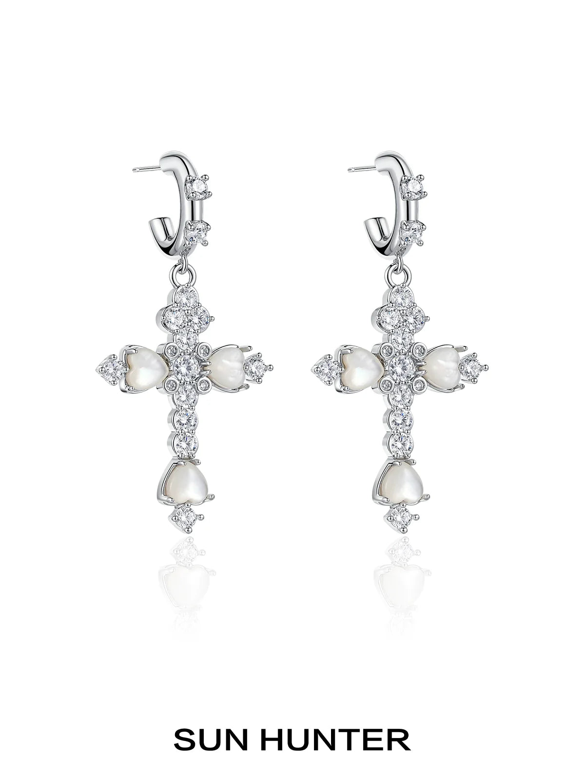 Elegant SUN HUNTER vintage cross zircon earrings with pearl accents and sparkling details