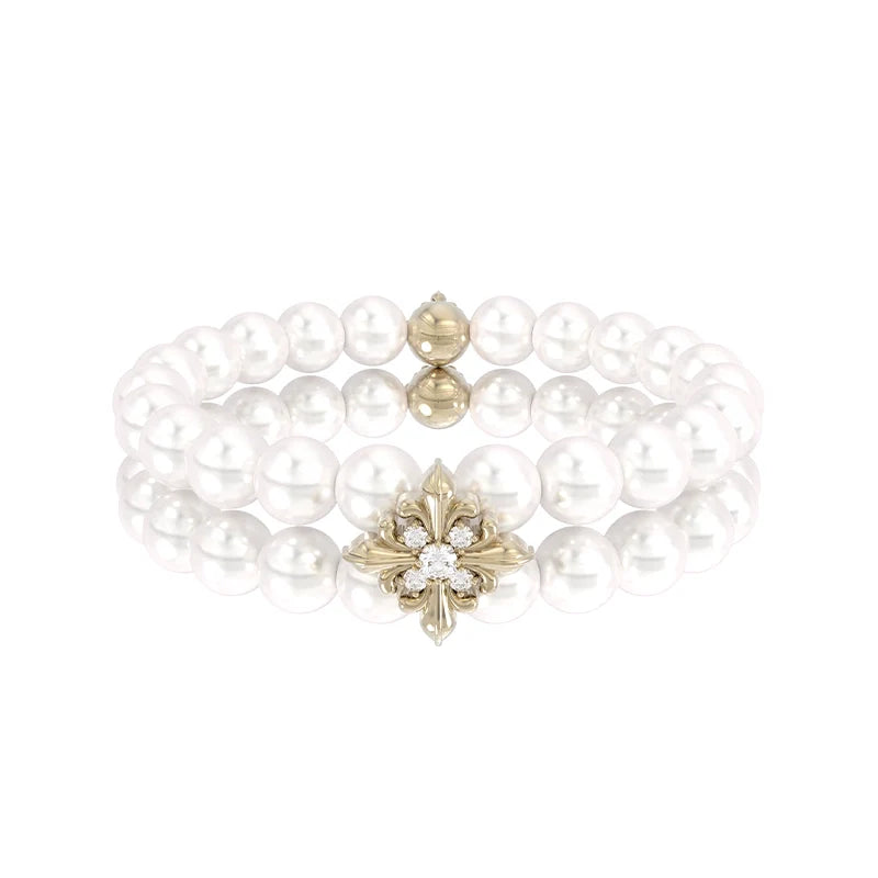 SUN HUNTER vintage iris pearl bracelet with a delicate floral centerpiece for elegant styling
