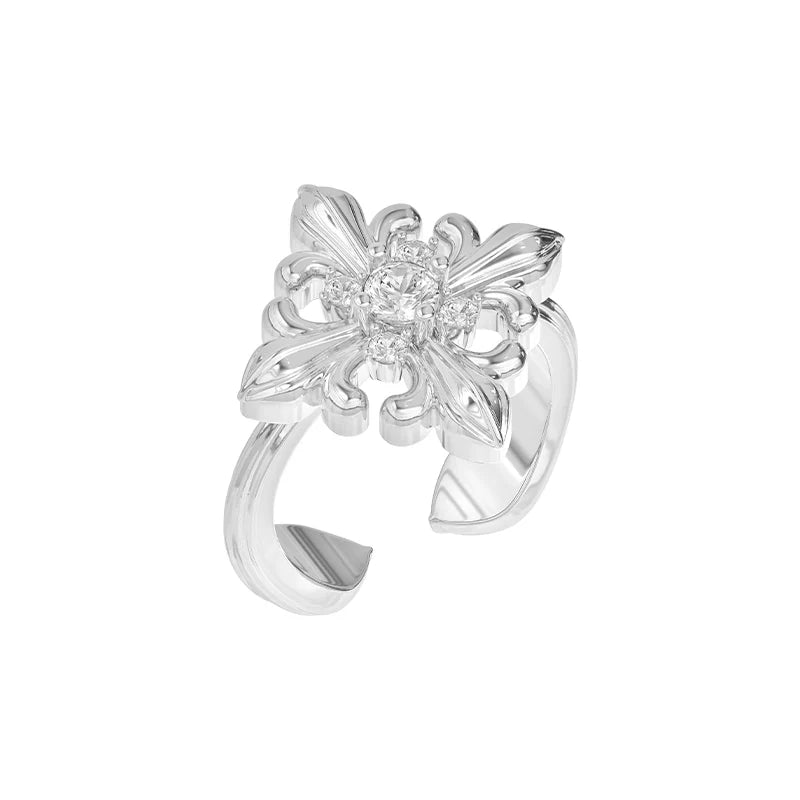 SUN HUNTER Vintage Iris Square Ring with Floral Design and Center Gemstone
