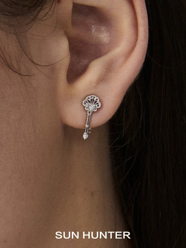 Elegant SUN HUNTER vintage lace key earrings showcased on a model's ear for a classic look