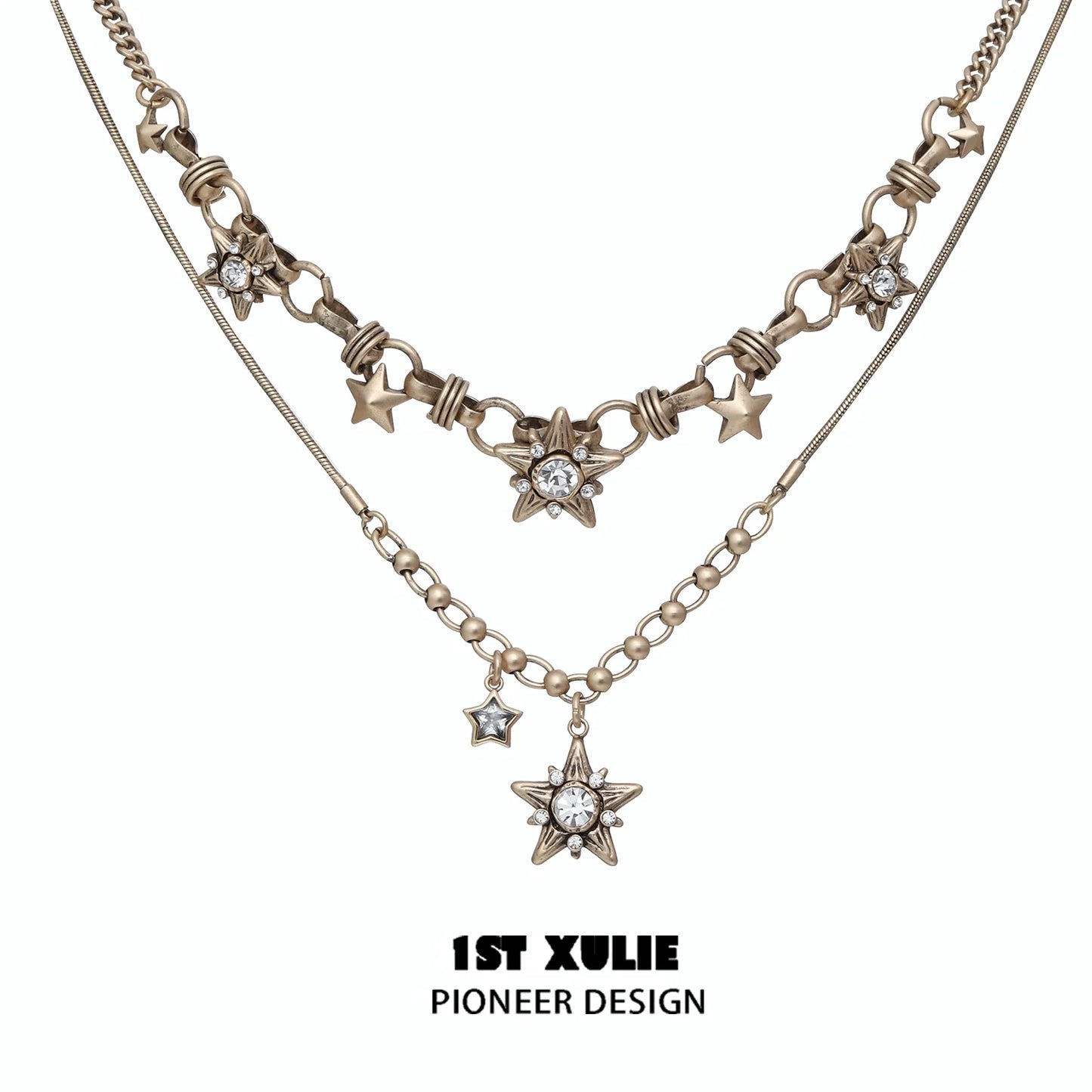 Vintage starlight pendant necklace with star charms and sparkling crystals from 1ST XULIE