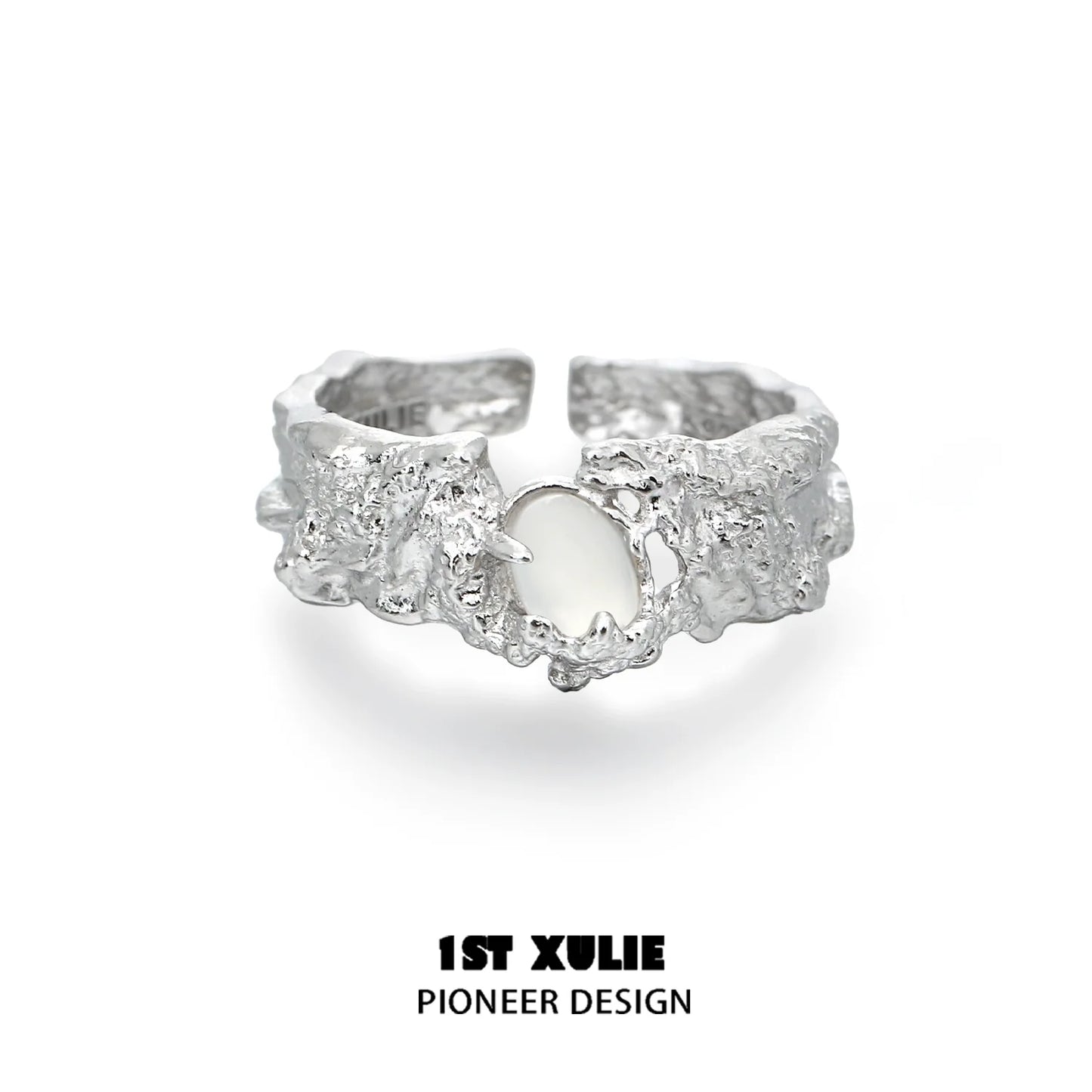 Unique 1ST XULIE White Agate Ring with a Textured Silver Band Design