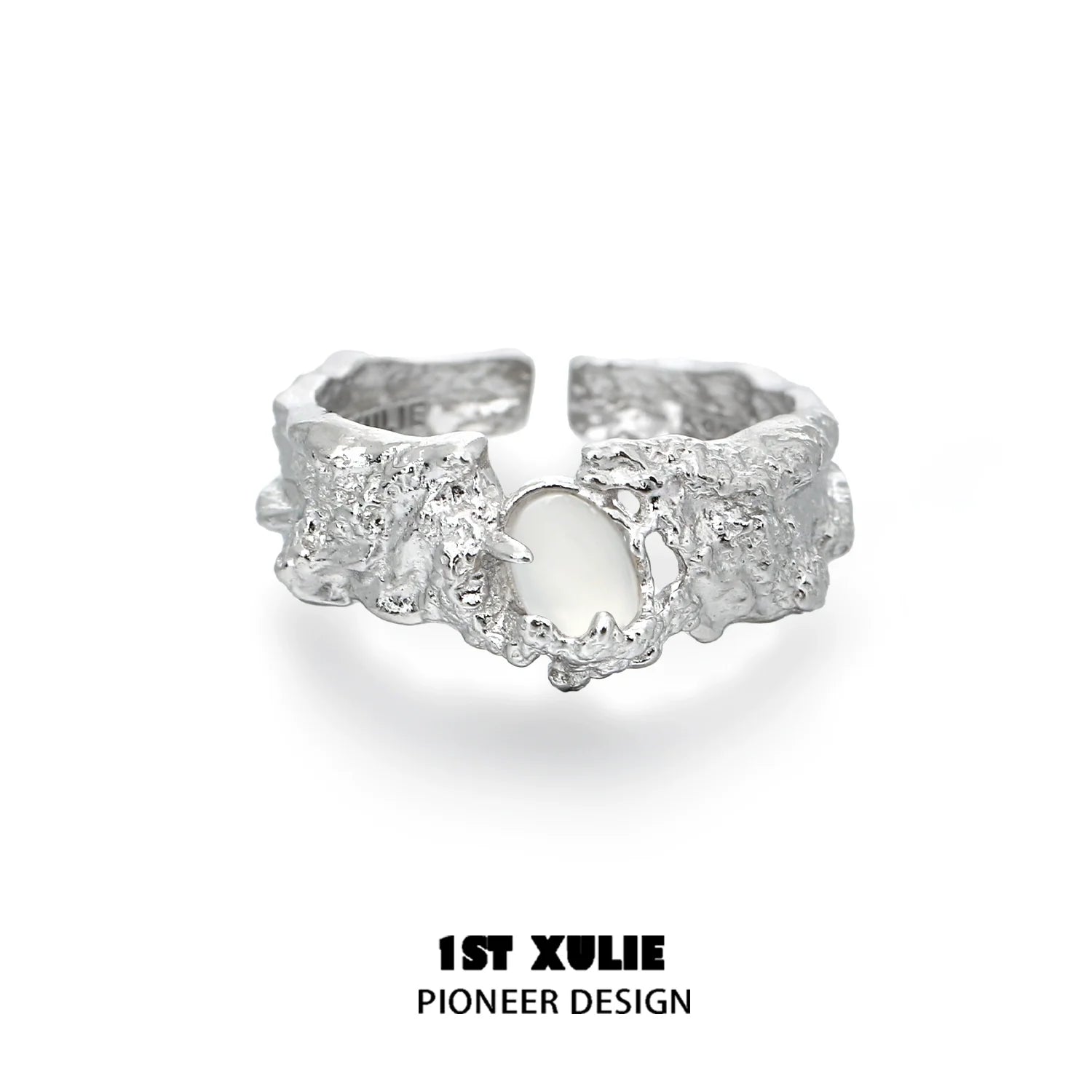 Unique 1ST XULIE White Agate Ring with a Textured Silver Band Design