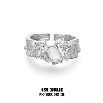 Unique 1ST XULIE White Agate Ring with a Textured Silver Band Design