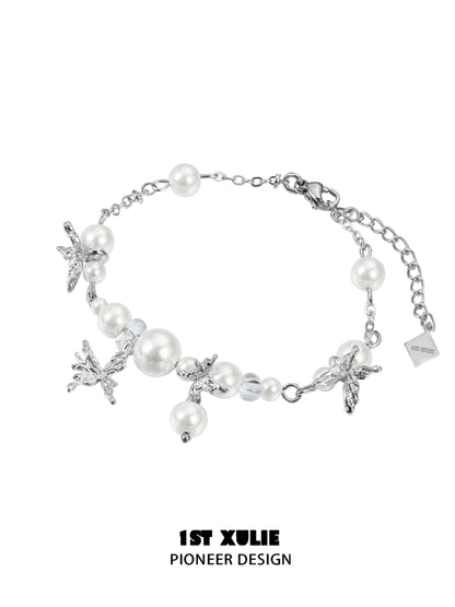 1ST XULIE white butterfly pearl bracelet with elegant silver accents and decorative butterfly charms