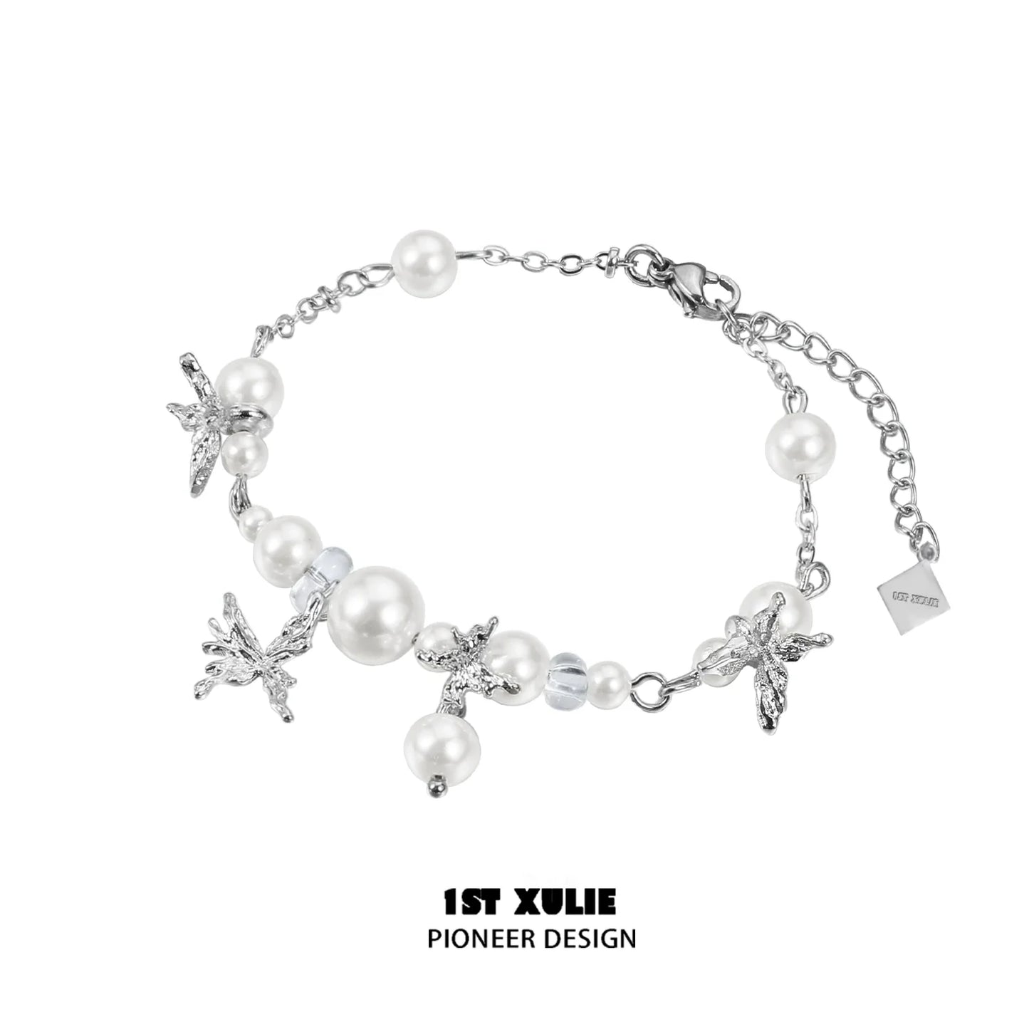 Elegant white butterfly pearl bracelet with silver accents for a chic look