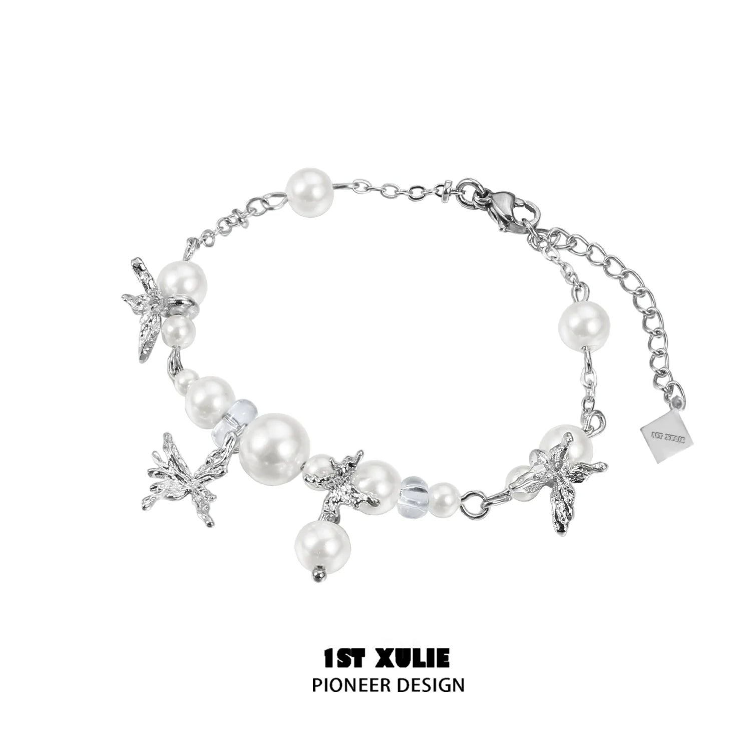 Elegant white butterfly pearl bracelet with silver accents for a chic look