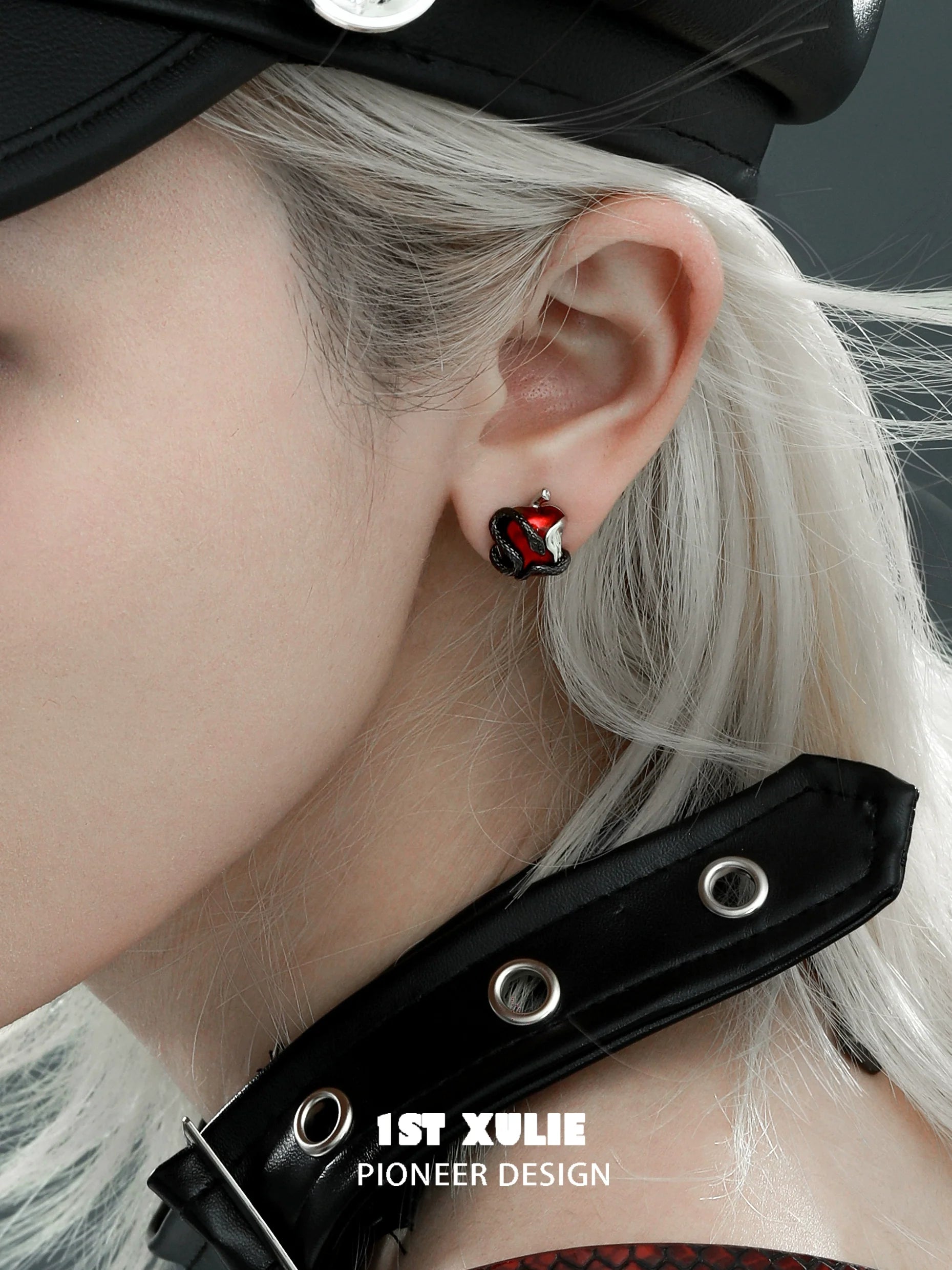 Wicked apple snake ear studs in bold red and black design for stylish accessories