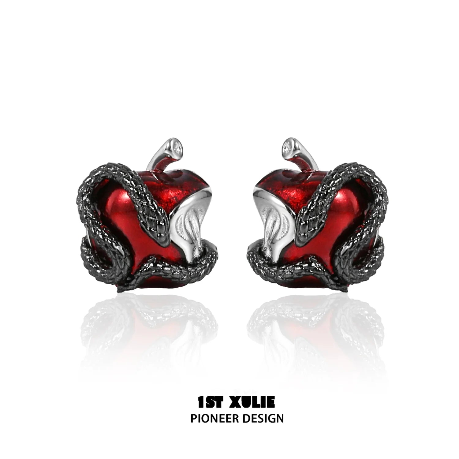 Wicked apple snake ear studs featuring a red apple design with intricate snake detailing