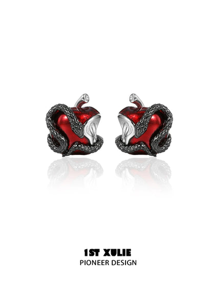 Wicked apple snake ear studs with red apple and serpent design for a bold statement