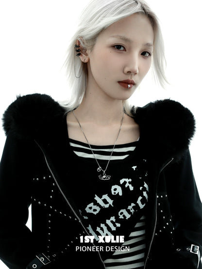 Model wearing Y2K black cat ear cuffs paired with a stylish black jacket and striped shirt