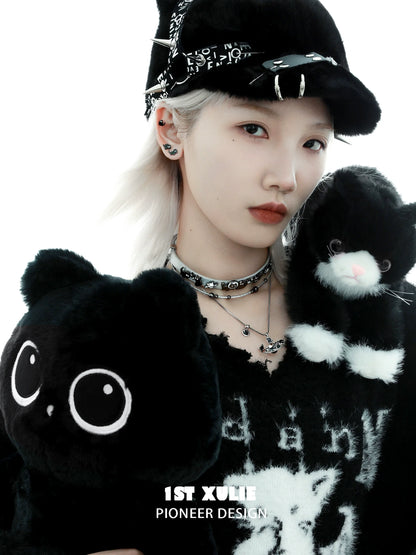 Trendy model showcasing Y2K black cat earrings with plush cats for a stylish urban look