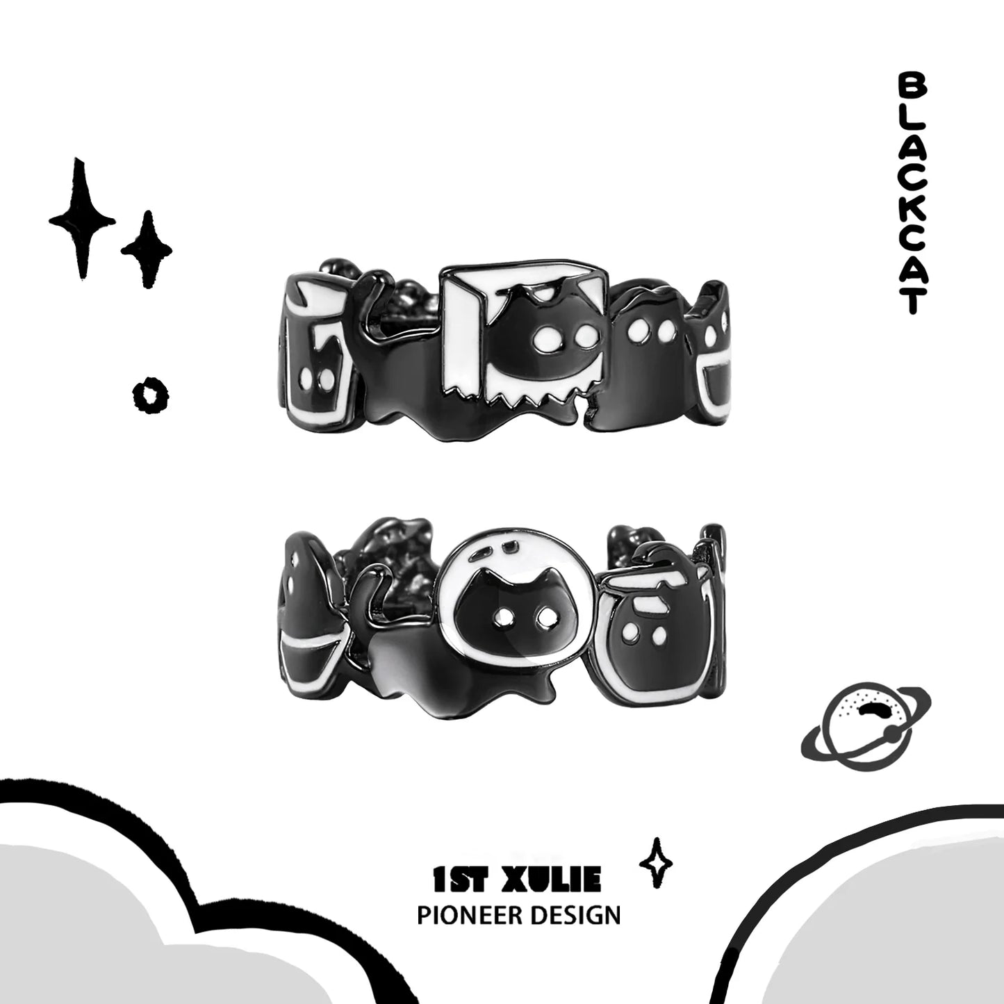 Y2K black cat ring featuring playful ghost designs in a shiny black finish for trendy accessories