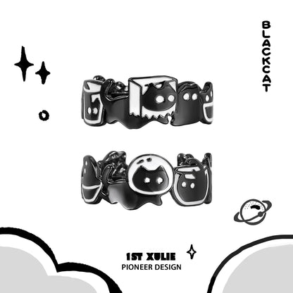 Y2K black cat ring featuring playful ghost designs in a shiny black finish for trendy accessories