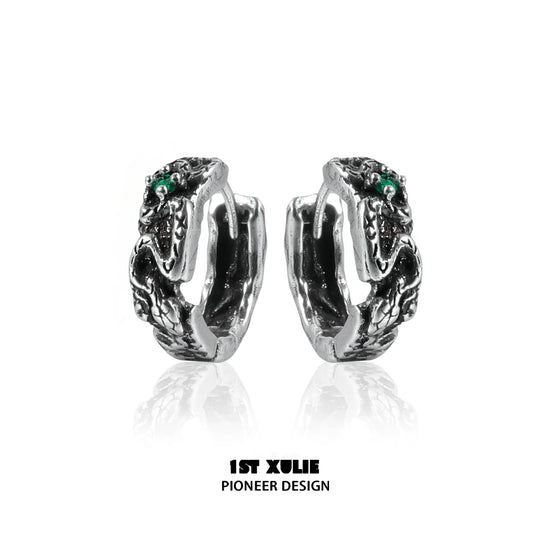 Y2K black snake earrings with intricate design and green accents for a bold fashion statement