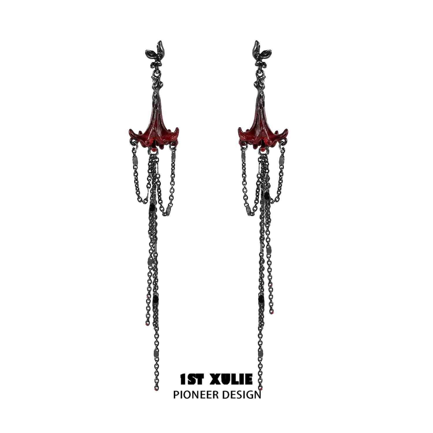 Y2K blood mandala tassel earrings featuring intricate red and black design with chains