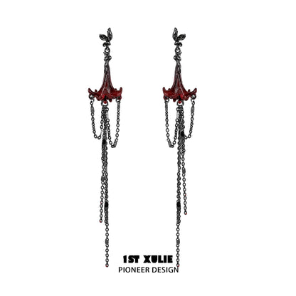 Y2K blood mandala tassel earrings featuring intricate red and black design with chains