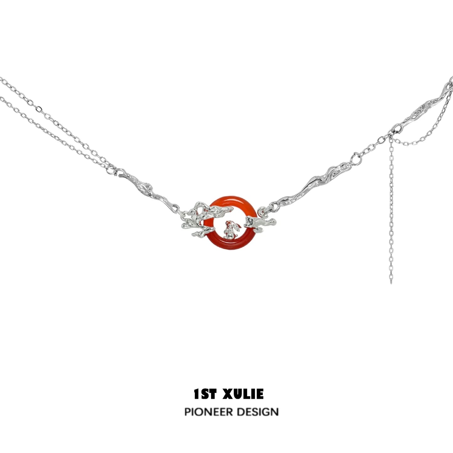 Y2K bunny necklace with silver chains and a unique red circle centerpiece, perfect for trendy outfits