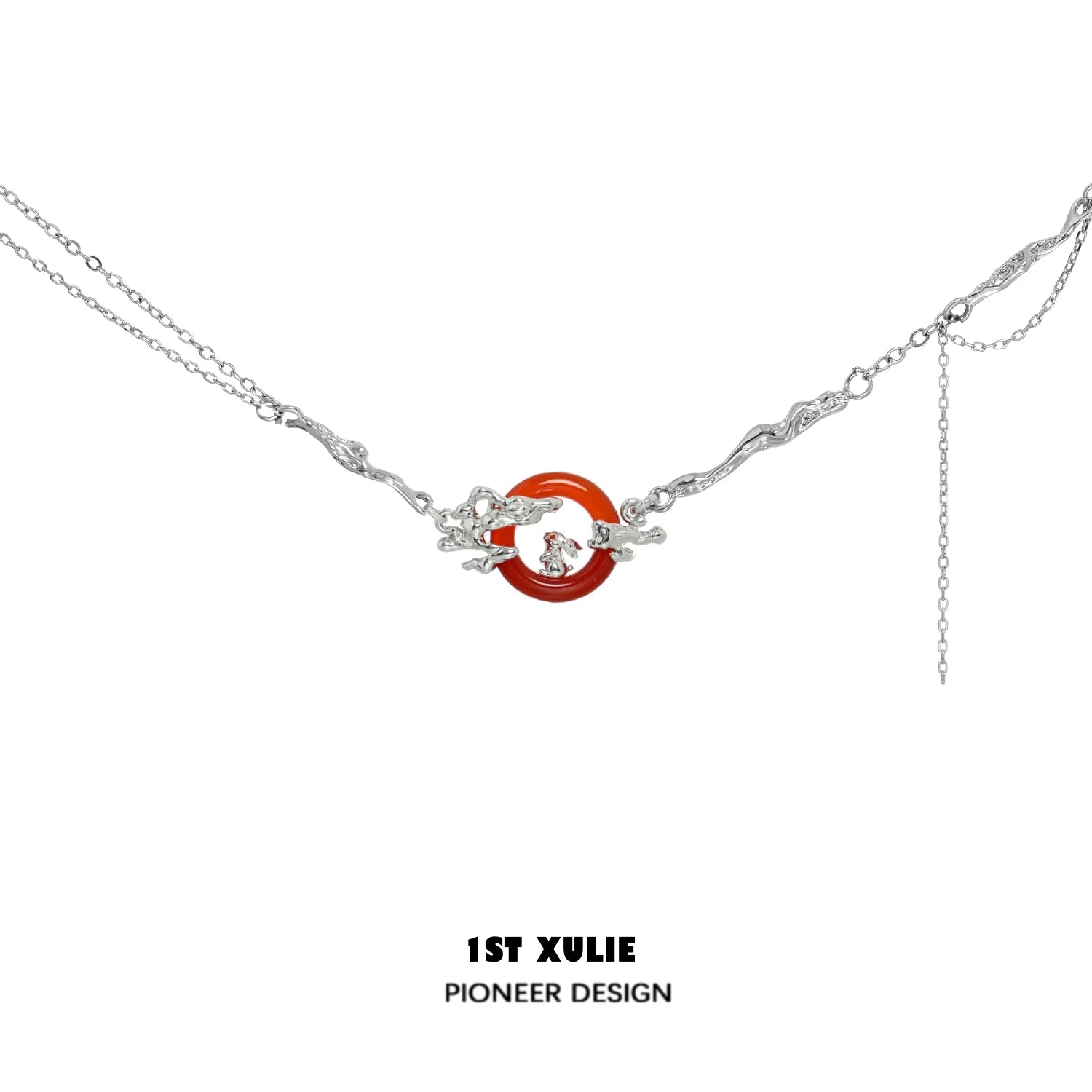 Y2K bunny necklace with silver chains and a unique red circle centerpiece, perfect for trendy outfits