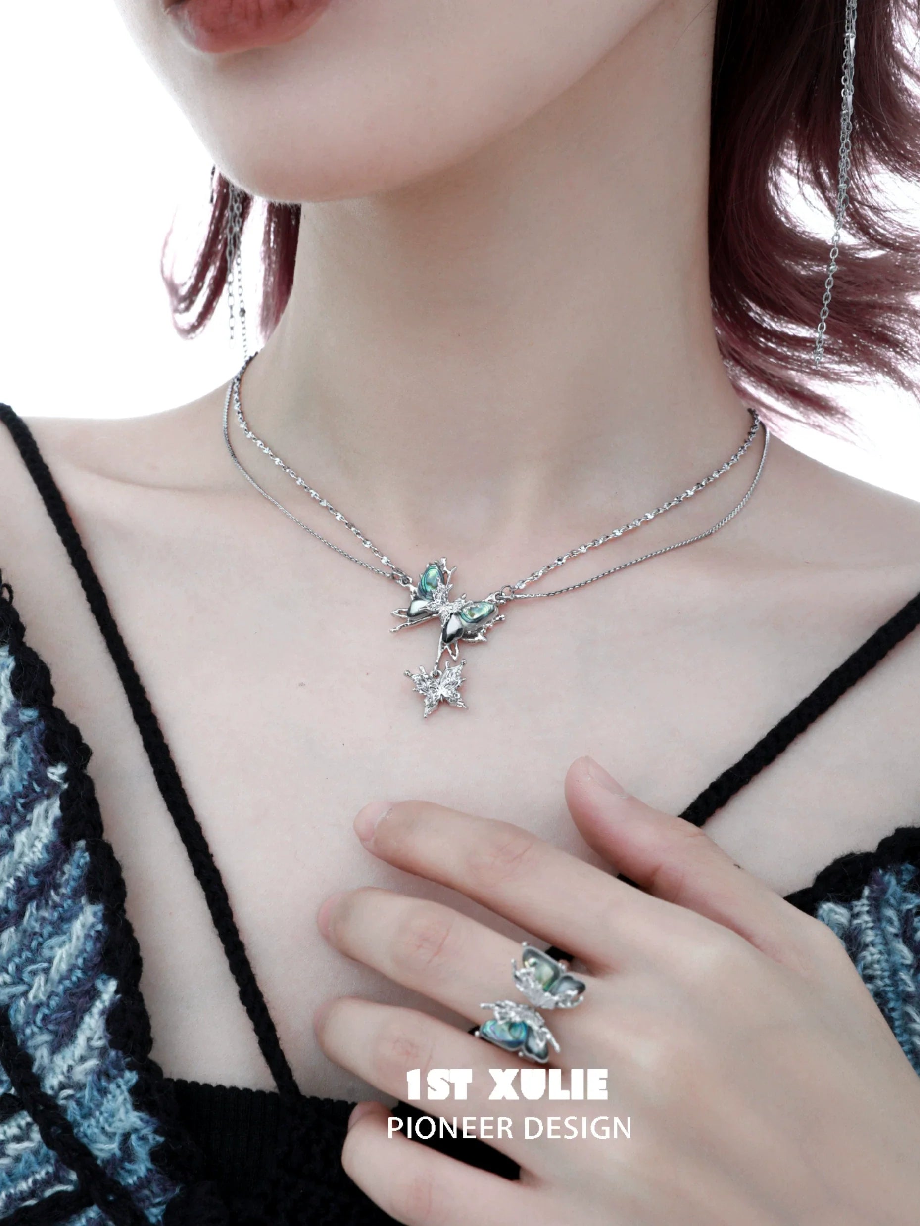 Y2K butterfly necklace layered design with sparkling charms, perfect for trendy outfits