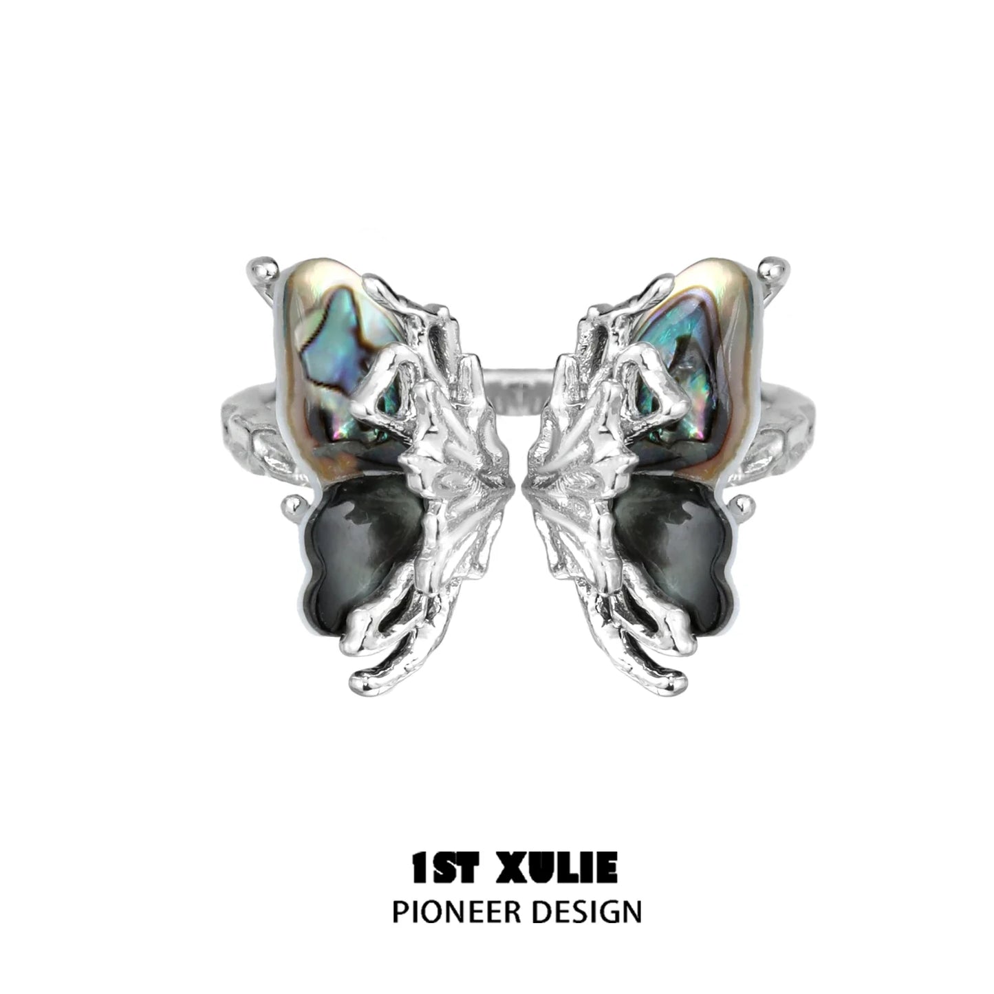 Y2K butterfly silver ring designed with unique abalone and black gemstone accents