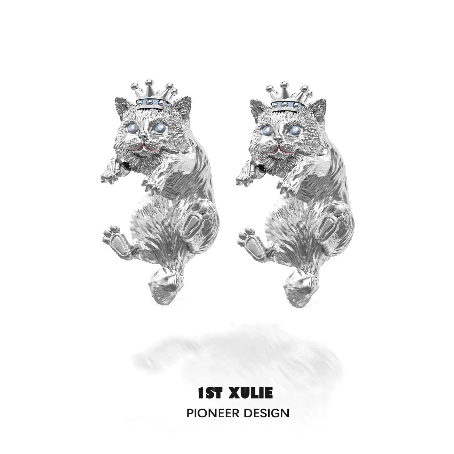 Y2K cat earrings in silver with a playful design featuring a crowned cat