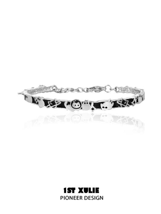 Y2K cat family silver bracelet featuring playful cat and music note charms for stylish looks