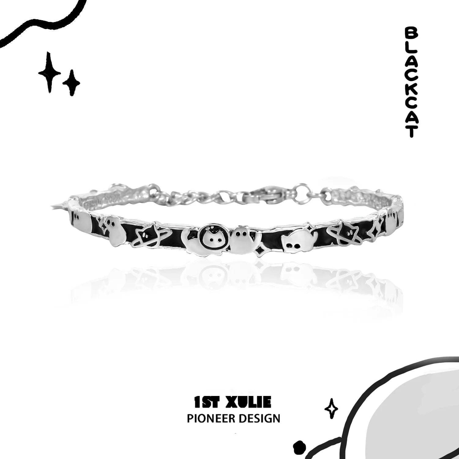 Y2K cat family silver bracelet featuring fun cat charms and a stylish design