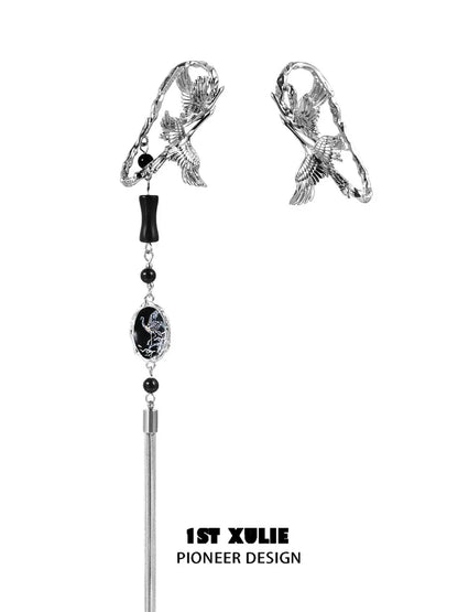 Y2K crane earrings featuring elegant silver design with intricate detailing and gemstone accents