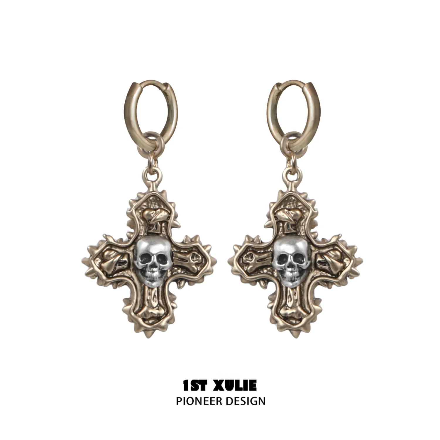 1STXULIE Y2K cross earrings featuring intricate design and skull accents for trendy fashion lovers