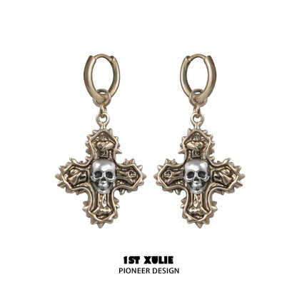 1STXULIE Y2K cross earrings featuring intricate design and skull accents for trendy fashion lovers